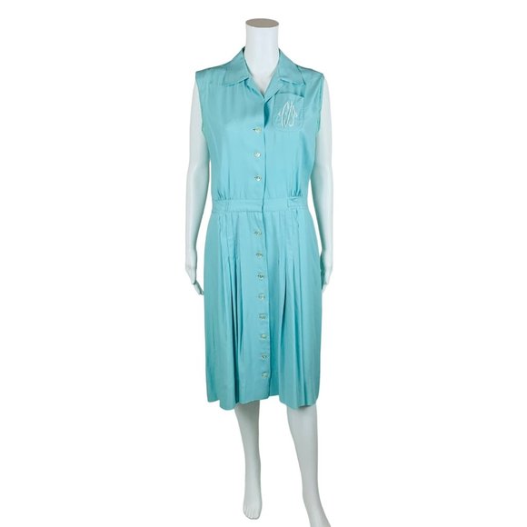 Vintage 1940s Baby Blue Shirtdress Shaker Square Embroidered Day DressW 31"